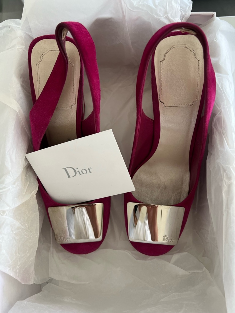 Dior Fuchsia Suede Slingback Mules with Mirror Silver Toe Caps